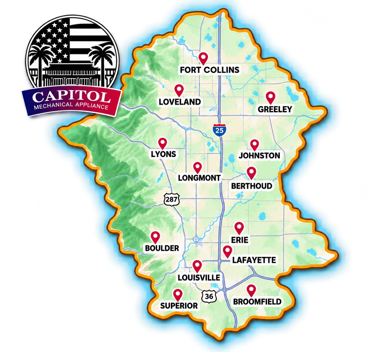 Capitol Mechanical Appliance service areas across Longmont and surrounding Northern Colorado communities.