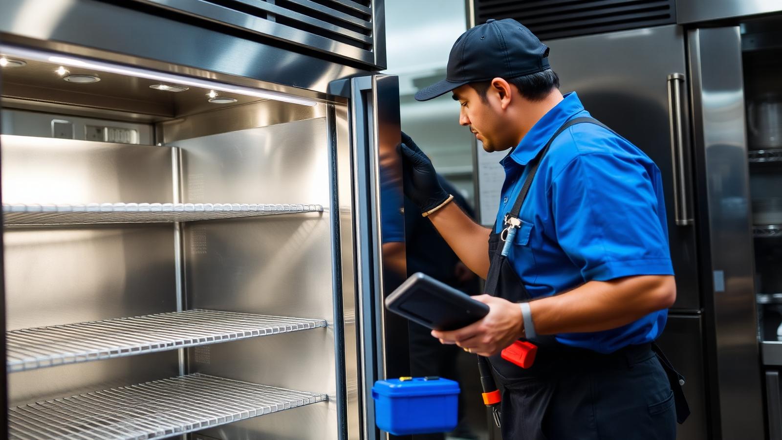 Refrigeration technician inspecting a stainless-steel reach-in refrigerator in a Honolulu restaurant kitchen