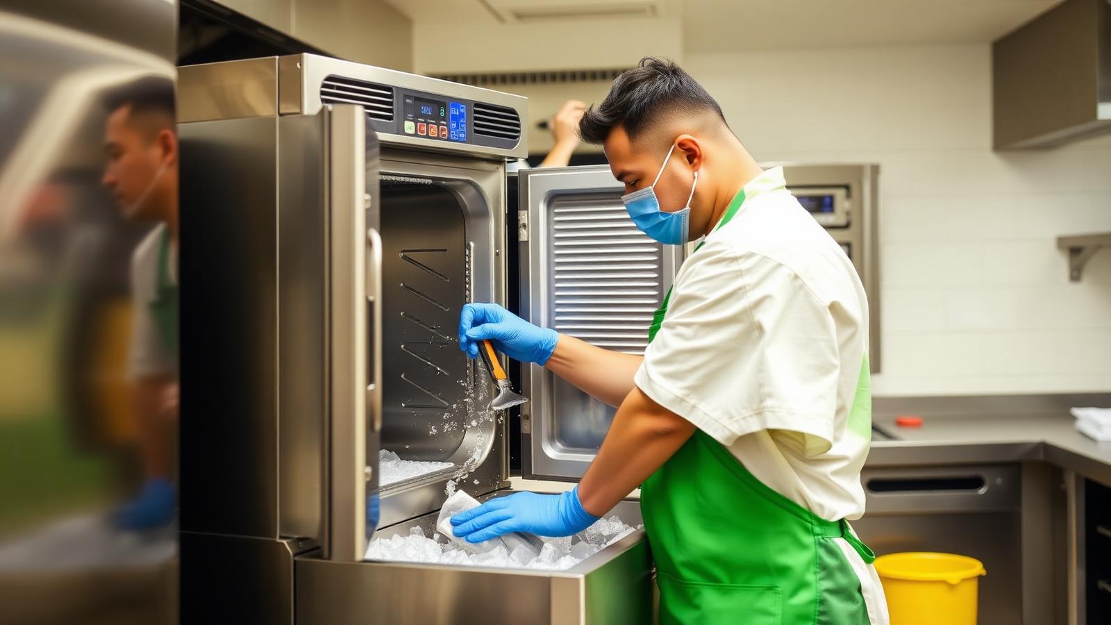 Technician cleaning and descaling a stainless-steel commercial ice machine in a Honolulu kitchen