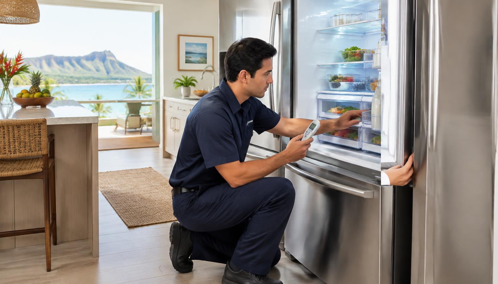 Technician checking the temperature inside a stainless steel refrigerator in a Honolulu home