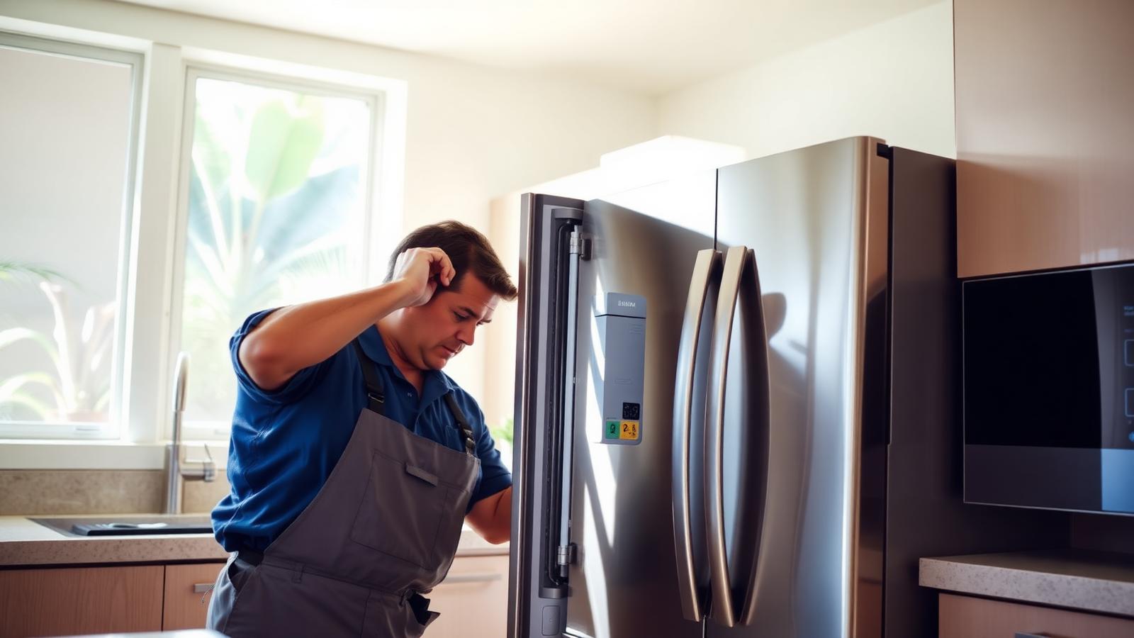 Appliance repair technician inspecting a stainless-steel refrigerator in a bright Honolulu kitchen